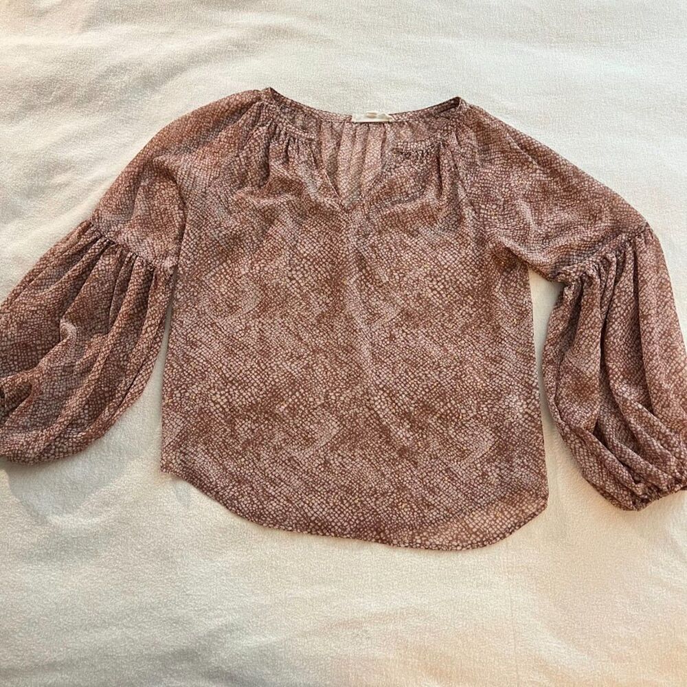 Lovestitch Brown with Gold Peasant Blouse Balloon Sleeves, Size S